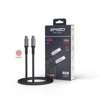 Кабель EPILSO EPD-C1015, USB-С вилка - USB-C вилка,  1 м, 100Вт, чёрный (E-Marker, 10 Гбит/с) (1/100)