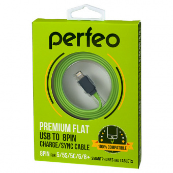 Кабель PERFEO I4402, USB2.0 вилка - вилка 8 PIN (Lightning), 1 м, зеленый (плоский) (1/50)