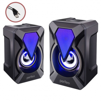 Колонки 2.0 PERFEO PF_A4439, "FLAMES" USB, мощность 2х3 Вт (RMS), RGB подсветка 7 режимов, черный (1/50)