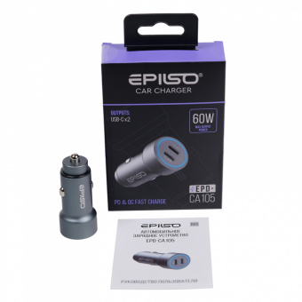 Зарядное устройство USB EPILSO EPD-CA105 60Вт авто (USB-C x2) серый (1/100)