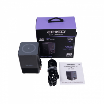 Зарядное устройство USB EPILSO EPD-PA240 100Вт GaN (USB-C, USB-A, USB-C кабель x2, беспровод. 15Вт) серый (1/15)