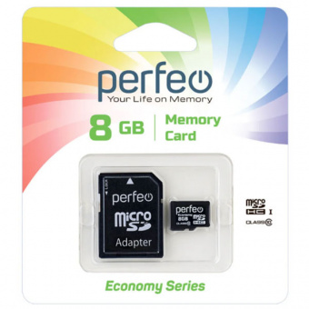 Карта памяти microSD PERFEO (HC)  8Gb class10 (с адаптером SD) economy series (PF8GMCSH10AES) (1/10)