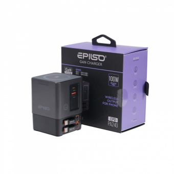 Зарядное устройство USB EPILSO EPD-PA240 100Вт GaN (USB-C, USB-A, USB-C кабель x2, беспровод. 15Вт) серый (1/15)