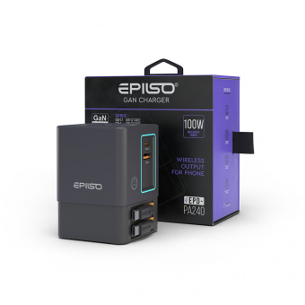 Зарядное устройство USB EPILSO EPD-PA240 100Вт GaN (USB-C, USB-A, USB-C кабель x2, беспровод. 15Вт) серый (1/15)