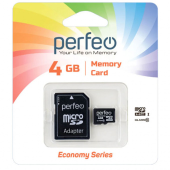 Карта памяти microSD PERFEO (HC)  4Gb class10 (с адаптером SD) Economy series (PF4GMCSH10AES) (1/10)