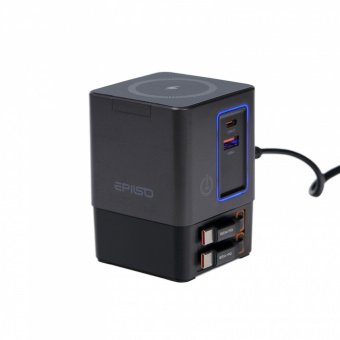 Зарядное устройство USB EPILSO EPD-PA240 100Вт GaN (USB-C, USB-A, USB-C кабель x2, беспровод. 15Вт) серый (1/15)