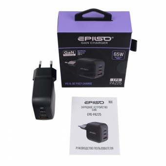 Зарядное устройство USB EPILSO EPD-PA225 65Вт GaN (USB-C x2, USB-A) чёрный (1/40)